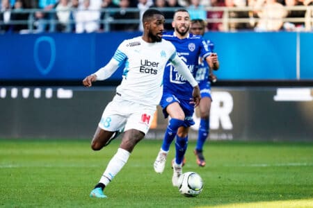 Gerson pendant la rencontre entre l'ESTAC Troyes et l'OM lors de la 26e journée de Ligue 1.