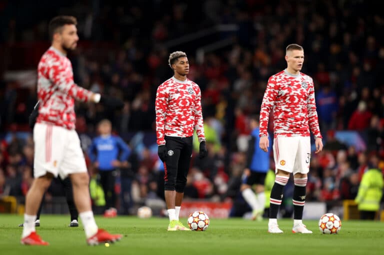 Manchester United 🏴 – 🇪🇸 Atlético Madrid : Les compositions probables ! Les joueurs de Manchester United à l'échauffement avant un match de Ligue des Champions.