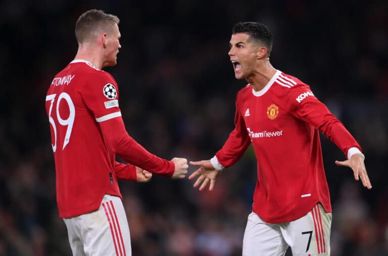 Cristiano Ronaldo qui célèbre un but avec Manchester United lors d'un match de Ligue des Champions.